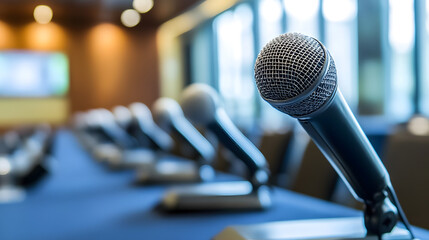 row of wireless conference microphones is set up business meeting room, ready for professional presentation. room is well lit with natural light streaming through large windows, creating focused