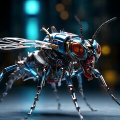 Fototapeta premium A futuristic, metallic insect with intricate details and mechanical components, set against a dark, industrial backdrop.