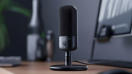 sleek black USB microphone sits on wooden desk, ideal for online meetings and streaming, with blurred background of computer screen and office items