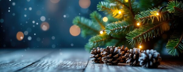 Twinkling lights around a Christmas tree with pinecones, frosty, christmas tree, evergreen