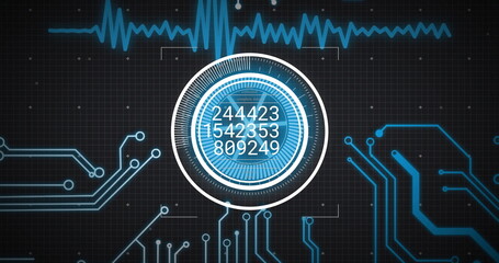 Image of circular scanner processing data with motherboard network and graph on interface
