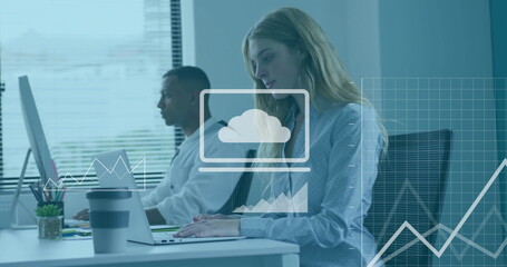 Image of media icons and diagrams over diverse colleagues using laptops in office