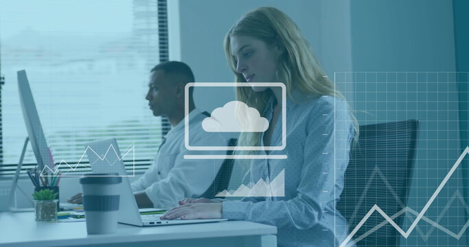 Image of media icons and diagrams over diverse colleagues using laptops in office