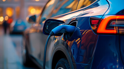 blue electric vehicle is charging at station, with focus on plugged in cable and car sleek design, set against blurred urban background