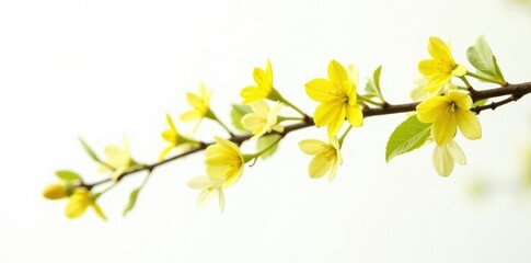 Long thin branch with small yellow flowers isolated on white background, greenery, spring foliage, garden