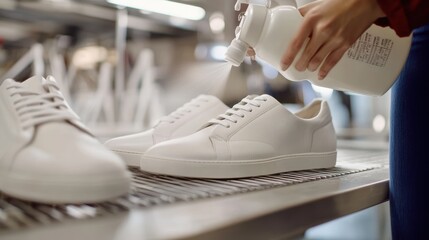 A woman spraying cleansing foam onto white leather shoes, demonstrating the care and maintenance of leather footwear.