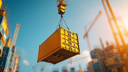 Industrial crane lifting a yellow shipping container at a construction site.