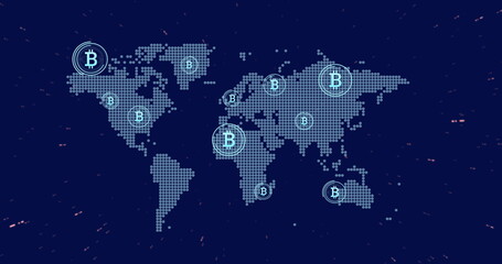 Naklejka premium Image of bitcoin icons, digital data processing over world map