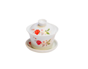 Ceramic teacup in vintage style with floral pattern and saucer isolated on transparent background, png file