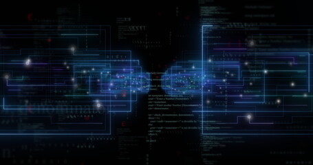 Image of data processing over neon shapes
