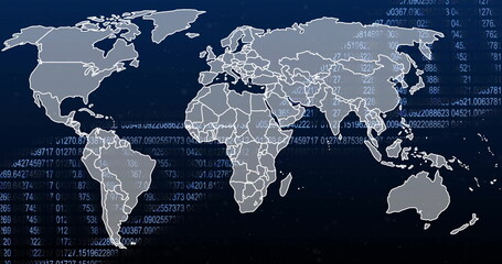 Fototapeta premium Image of dna strand and digital data processing over world map