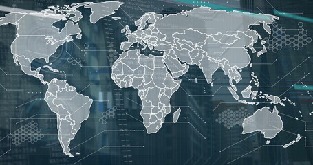 Image of world map and data processing over cityscape