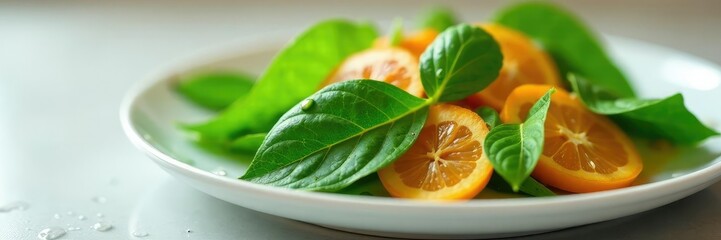 Freshly cut leaves on a plate with water droplets, droplet, water