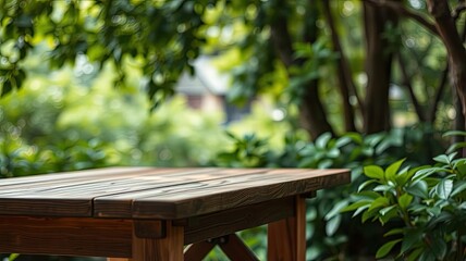Obraz premium Rustic Wooden Table in Lush Green Garden Summer Background