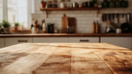A wooden table set against a blurred kitchen background, ideal for showcasing food and product presentations.