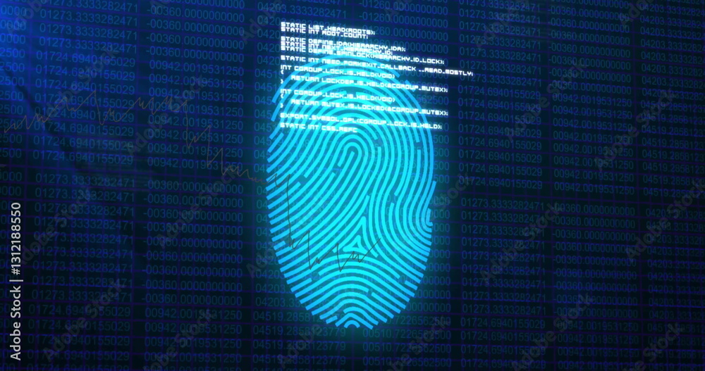 Poster image of fingerprint with data processing on black background