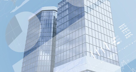 Image of financial data processing over cityscape