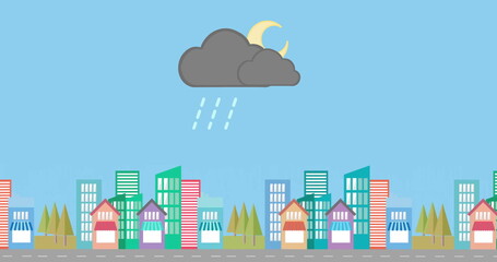 Image of dark cloud raining over cityscape