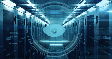 Image of scope scanning with eye icon and data processing over server room