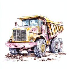 Obraz premium A vintage dump truck parked on a construction site, showcasing vibrant yellow and pink colors against a white background. Ideal for construction and heavy machinery themes.