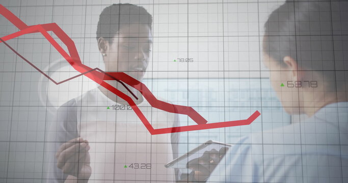 Image of red lines and financial data processing over diverse business people in office