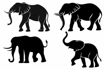 Naklejka premium Elephant Silhouette Set – Black Elephant Vector Illustrations in Various Poses for Wildlife and Safari Designs