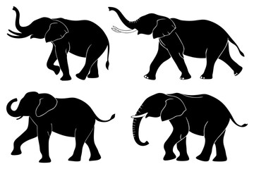 Elephant Silhouette Set – Black Elephant Vector Illustrations in Various Poses for Wildlife and Safari Designs