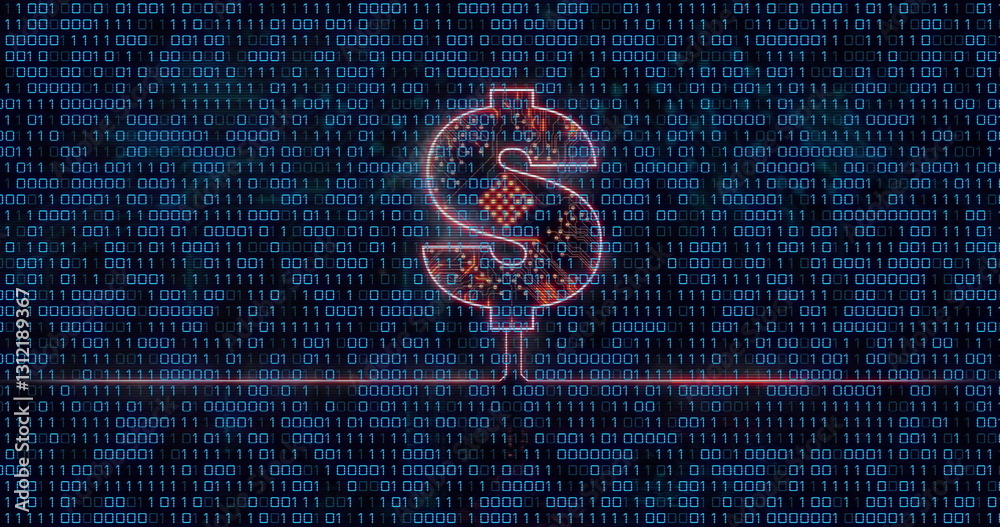 Poster image of american dollar sign and binary coding data processing