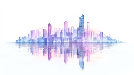 Obraz premium A stunning watercolor skyline with colorful skyscrapers reflecting on calm water, set against a white background. Ideal for urban planning, cityscapes, or creative projects.