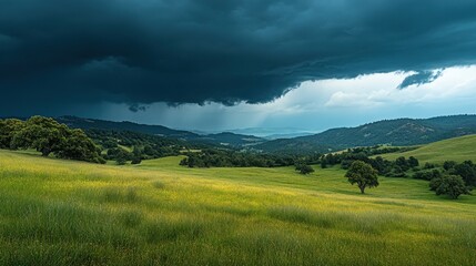 Fototapeta premium Dark Storm Clouds Over Rolling Green Hills and Meadow