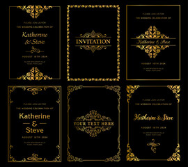 Gold frame for invitation in modern vintage style. Frame template for cards, posters, banners