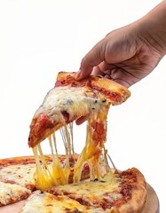 Hand picks up a slice of pizza with stretched cheese isolated on white background