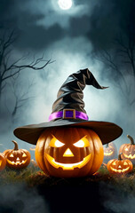 halloween pumpkin witch scary night scene poster design template