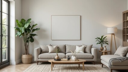 Modern Minimalist Living Room Interior with Neutral Colors, Cozy Furniture and Indoor Plants