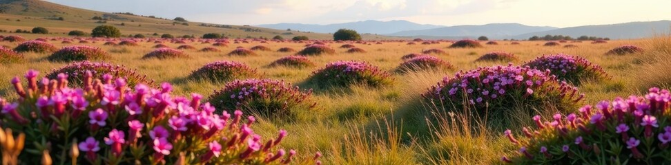 Obraz premium Heather covered moor with dry grass, late summer violet blooms in small bushes, moor, dry grass