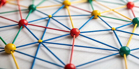 Colorful network of interconnected dots and lines on a white surface.