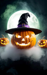 pumpkin witch over moon halloween day poster design