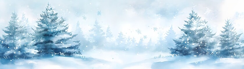 Obraz premium Watercolor painting of a snowy winter forest with evergreens