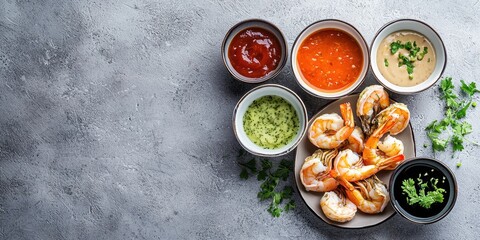 Floating shrimp and oysters with dipping sauces on a soft gray background