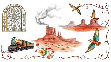 Obraz premium Southwest Landscape with Train Birds and Gate Desert Scenery Vintage Travel