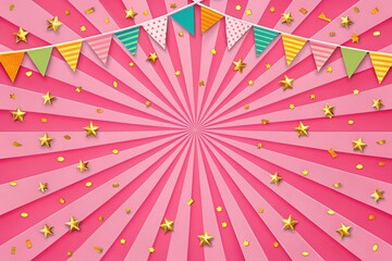 Pink burst background with bunting and stars