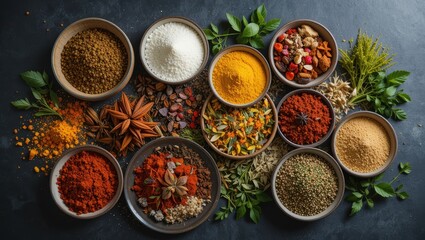 Assortment of Vibrant Natural Spices and Herbs Displayed in Rustic Bowls for Culinary Use