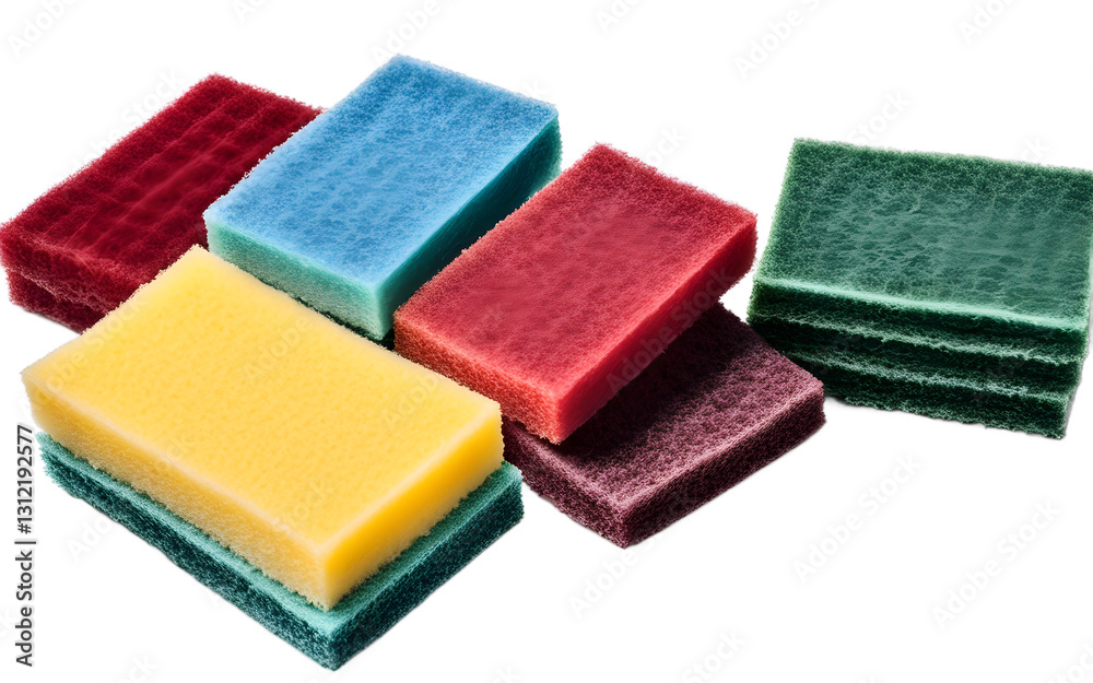 Poster a set of scouring pads for cleaning greasy surfaces, isolated on a empty plain background