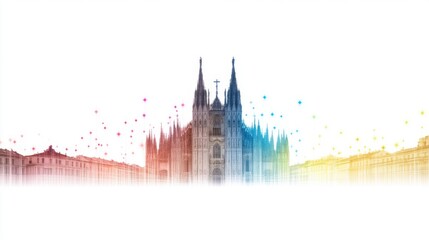 Obraz premium Colorful abstract cityscape with a prominent cathedral.