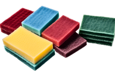 A set of scouring pads for cleaning greasy surfaces, isolated on a empty plain background