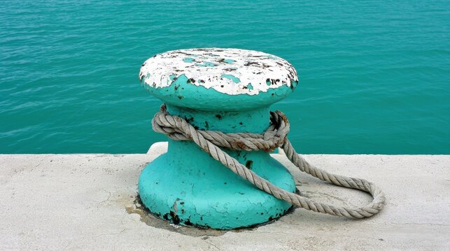 A blue and white wooden post on a dock.