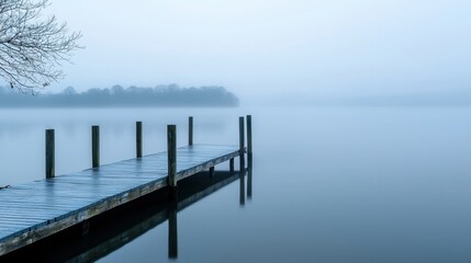 A wooden dock extends into a calm lake, with a foggy background and bare trees on the far shore.