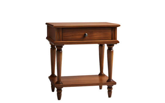 A small wooden bedside table with a single drawer, isolated on a empty plain background
