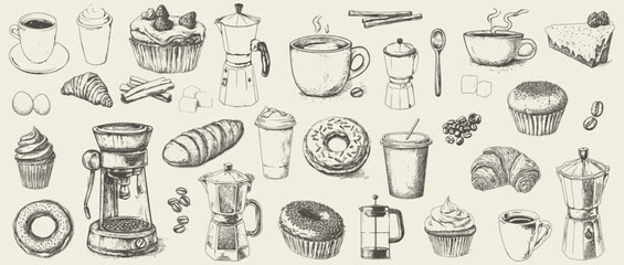 Vintage sketch of coffee elements and pastries, showcasing classic cafe and bakery items