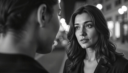 Naklejka premium Black and white photo of two women having a deep conversation.